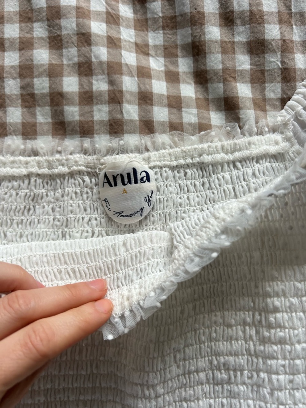 ARULA White Smocked Crop Top with Puff Dot-Sleeves and Ruffle Hem - Picture 2 of 3